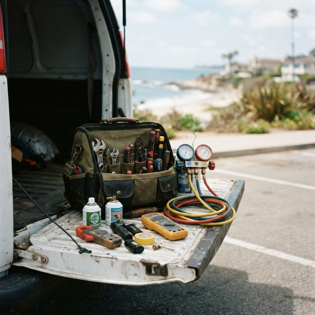 Air-conditioning technician's tools and refrigeration gauges laid out on a service van