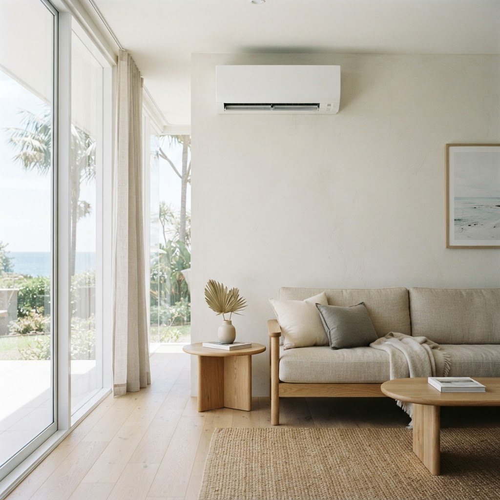 Modern split-system air-conditioning unit installed on an interior wall